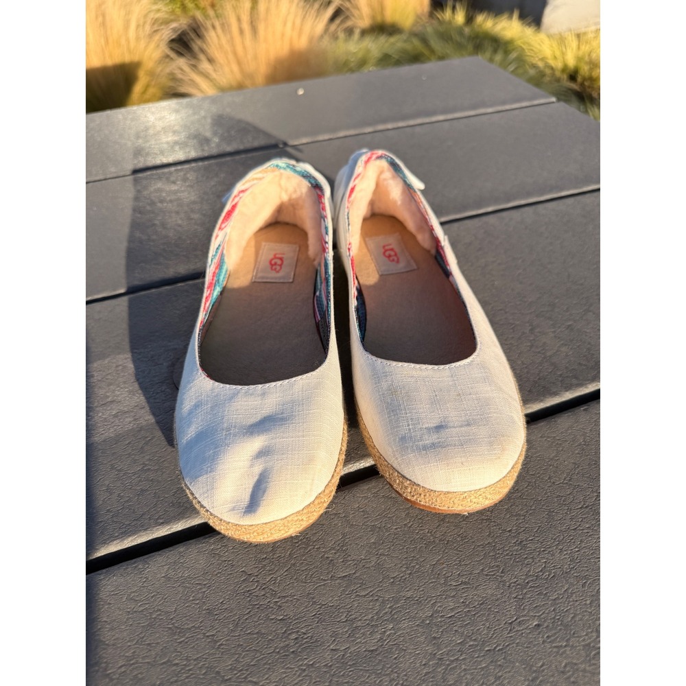 UGG Chivon Espadrille Flats 7.5 White Canvas Jute Coastal Boho